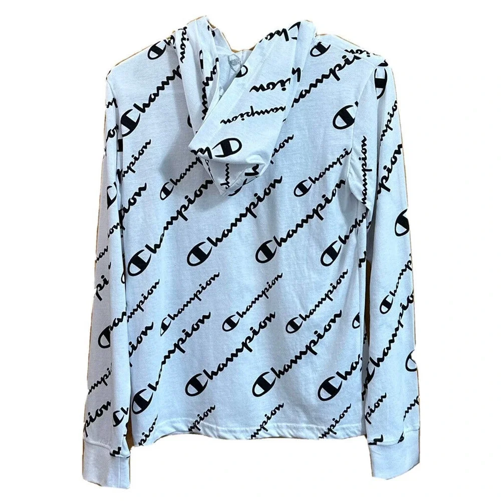 NWT, Boys CHAMPION White Hooded Long Sleeve Pullover Shirt Size Large, Logo